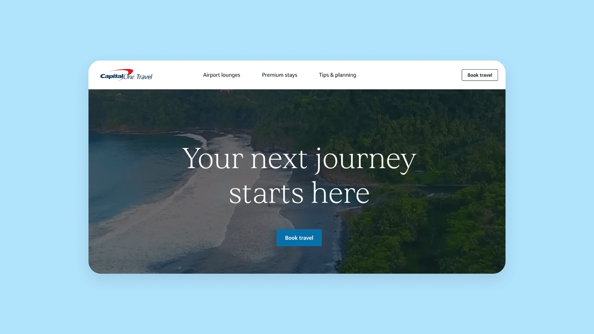 A screenshot of CapitalOne Travel's page with a large video on the homescreen.