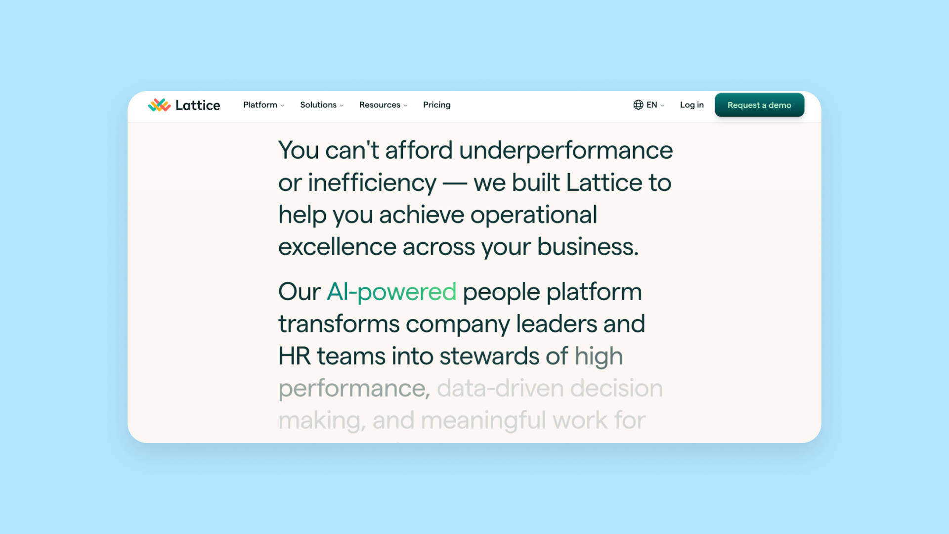 A screenshot of Lattice's website — filled with text explaining their value prop.