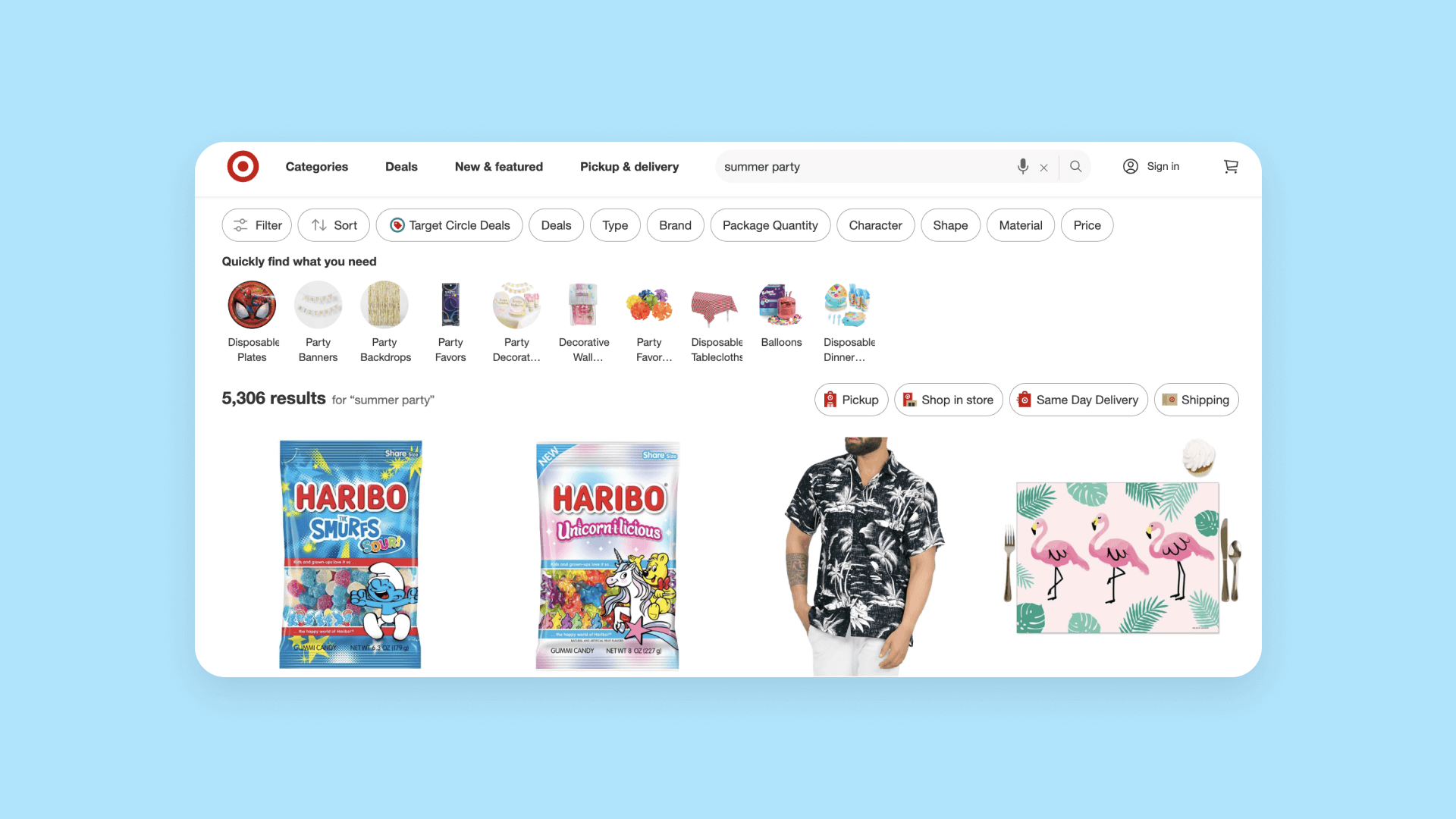 A screenshot of Target's search results for "summer party."