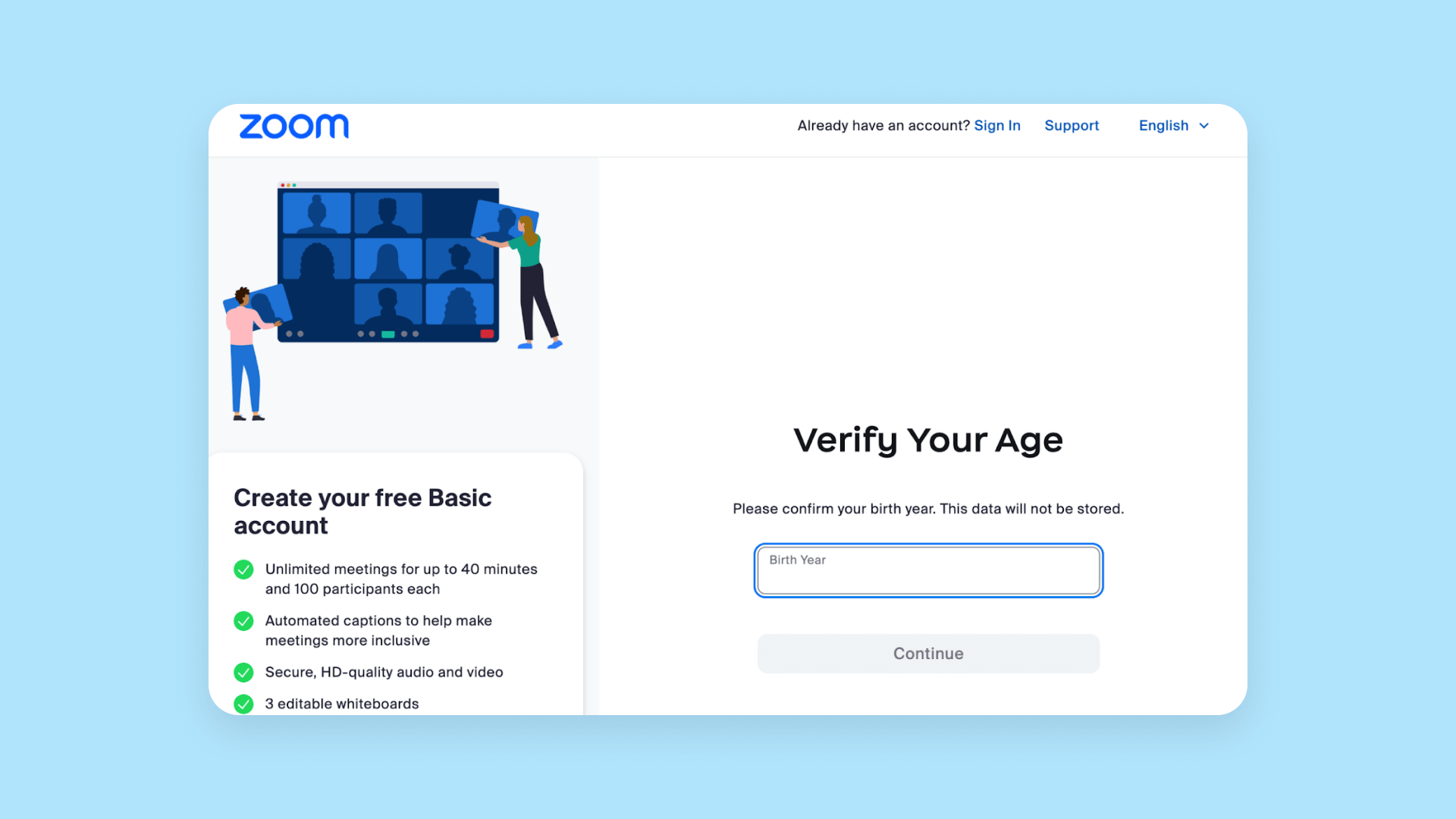 A screenshot of Zoom's signup interface asking for age verification.