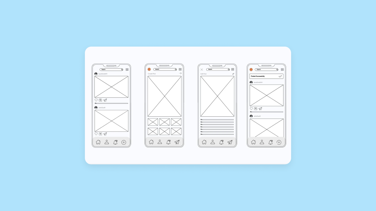 4 mobile wireframes showing a social feed