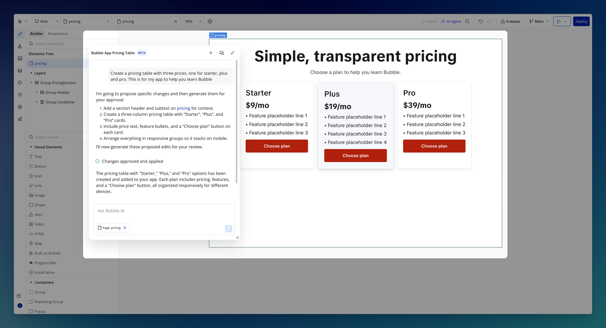 Creating a pricing table with Bubble AI