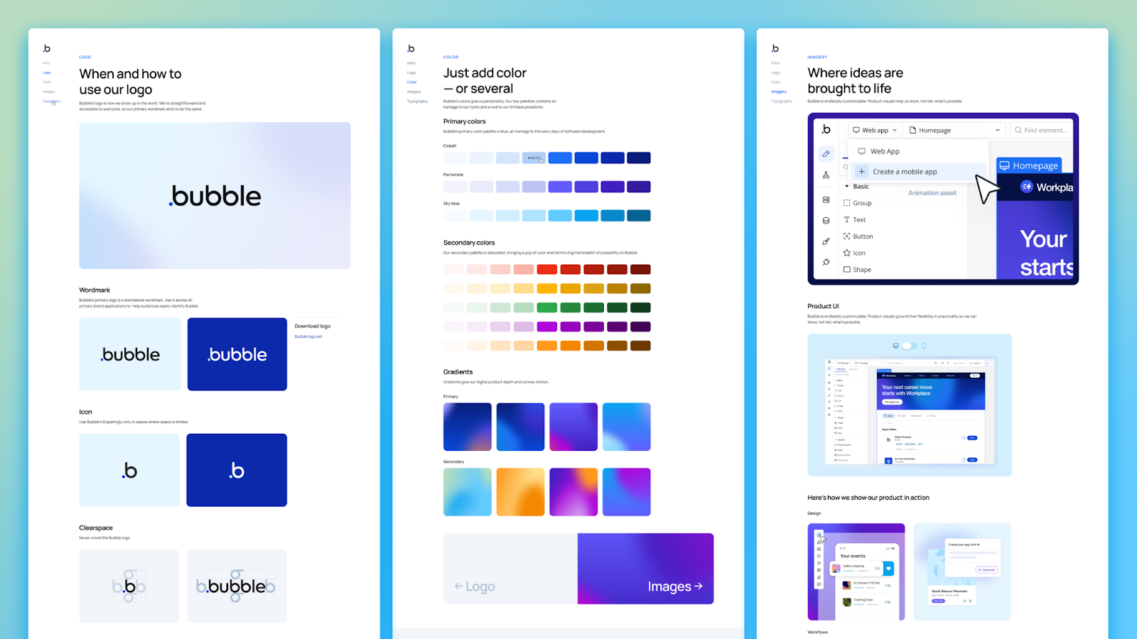 Screenshots from the logo, color, and imagery sections