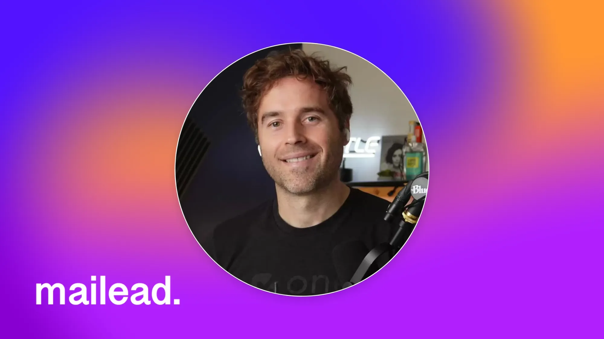 Smiling man wearing earbuds in home studio with microphone, on purple gradient background with text mailead.