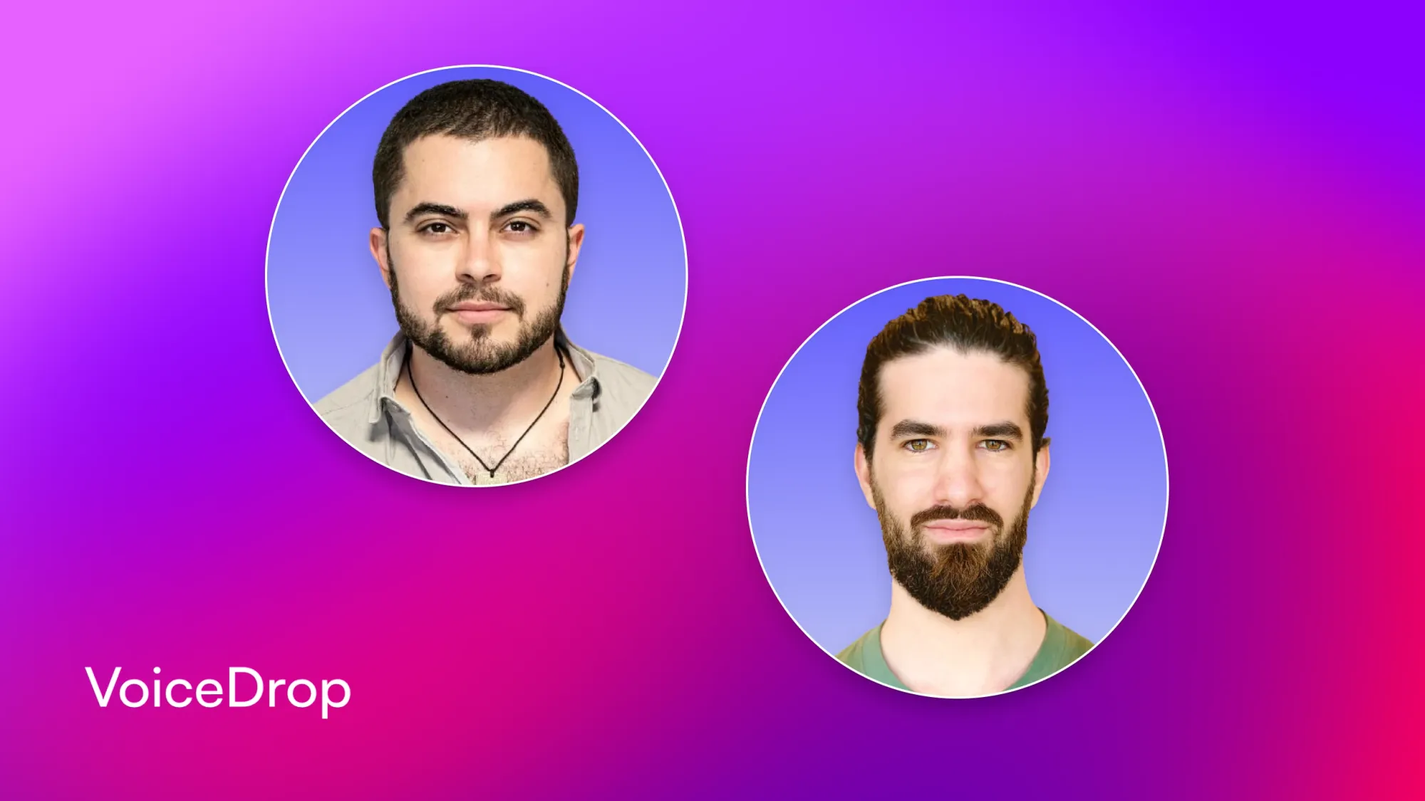 VoiceDrop text with two male headshots in circular frames on a purple gradient background
