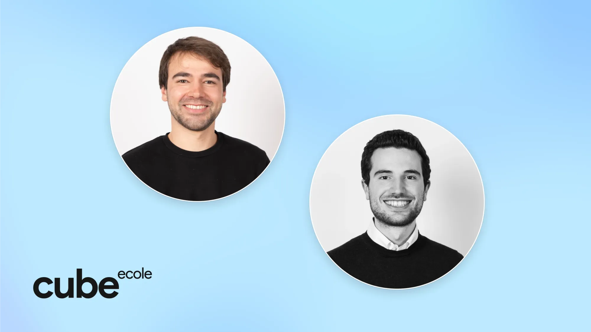Two circular professional headshots of smiling men on blue background with Cube ecole logo in lower left