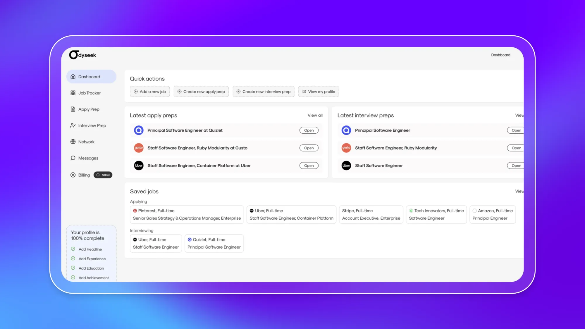 Odyseek job search dashboard UI with job tracker, apply and interview prep, and saved jobs list for software engineer roles