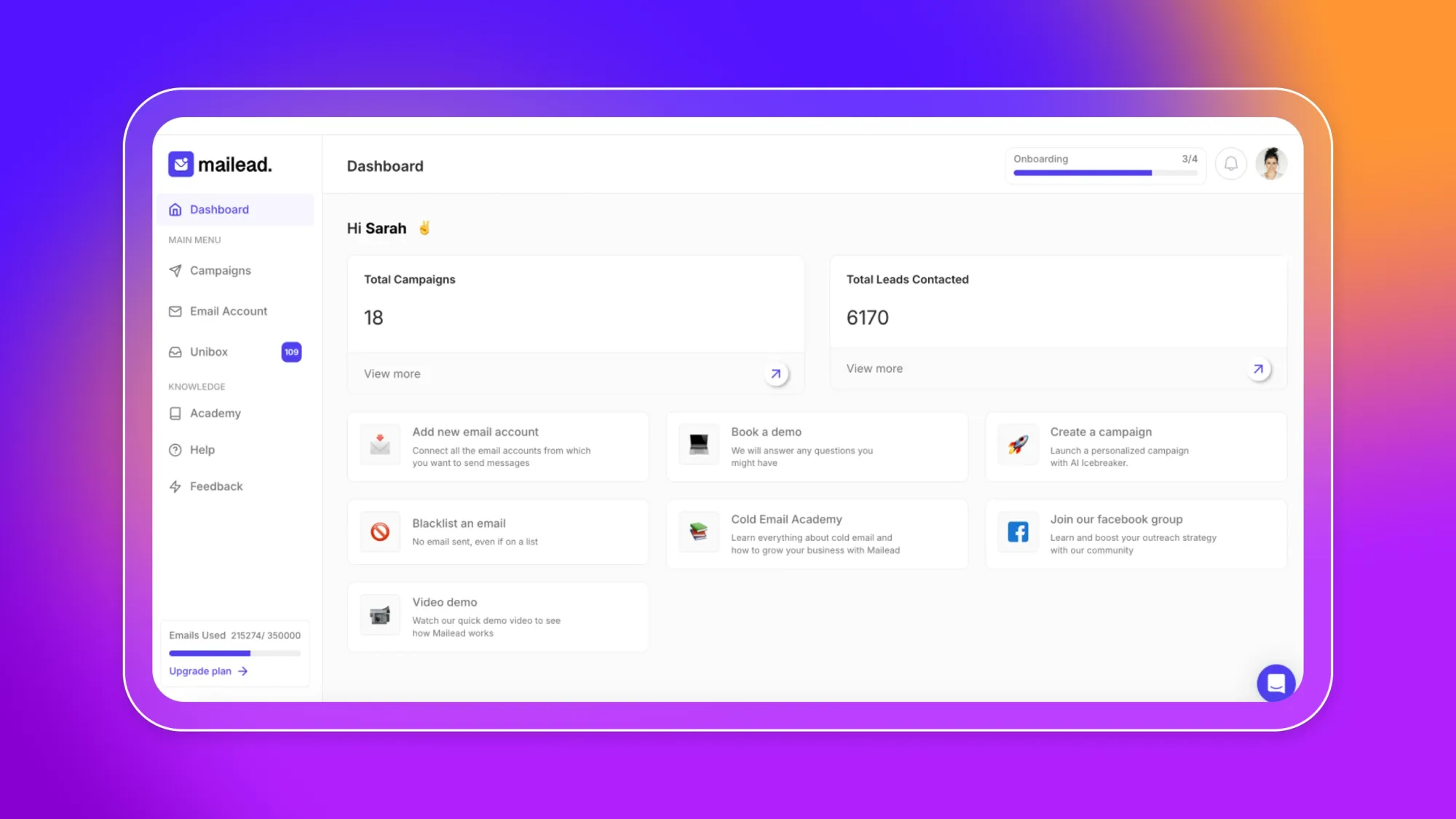 Mailead email outreach dashboard showing Total Campaigns 18 and Total Leads Contacted 6170, with menu for Campaigns, Email Account, Unibox