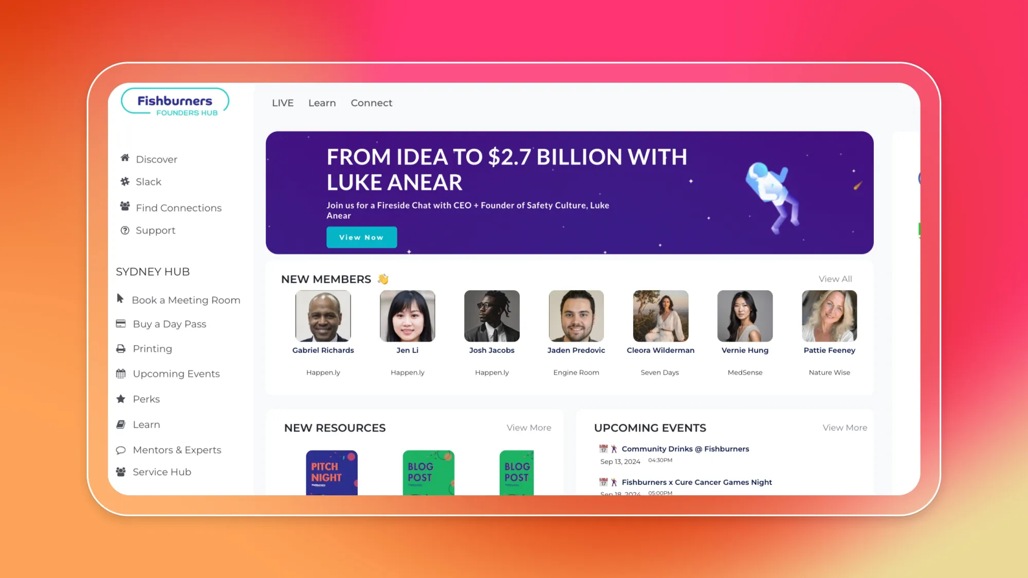 Fishburners Founders Hub dashboard with banner From idea to $2.7 billion with Luke Anear, plus new members, resources, and events list