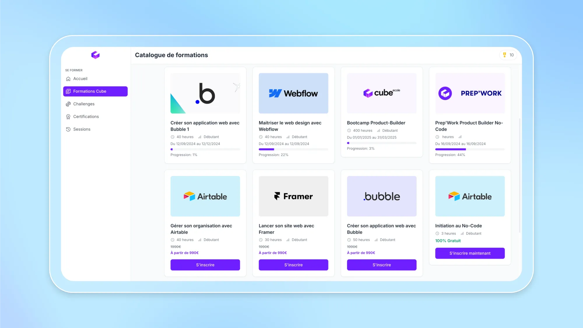 Training catalogue dashboard with no-code course cards for Bubble, Webflow, Airtable, Framer, and Prep'Work, showing hours and progress