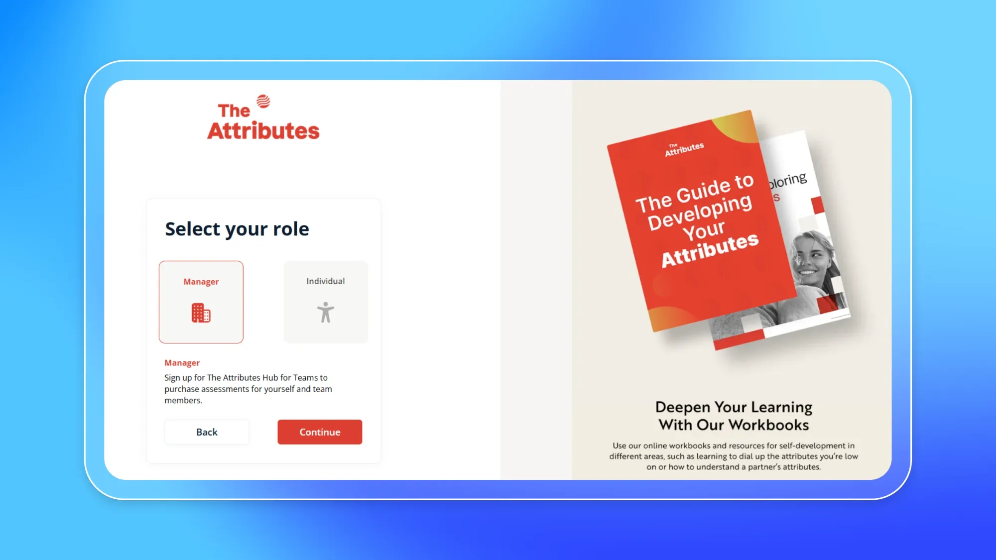 The Attributes webpage role selection screen with “Manager” and “Individual” buttons and workbook cover “The Guide to Developing Your Attributes”