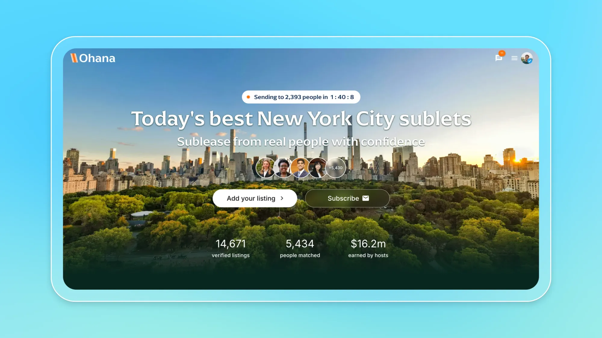 Ohana homepage with NYC skyline and text “Today’s best New York City sublets,” buttons Add your listing and Subscribe, listing stats below