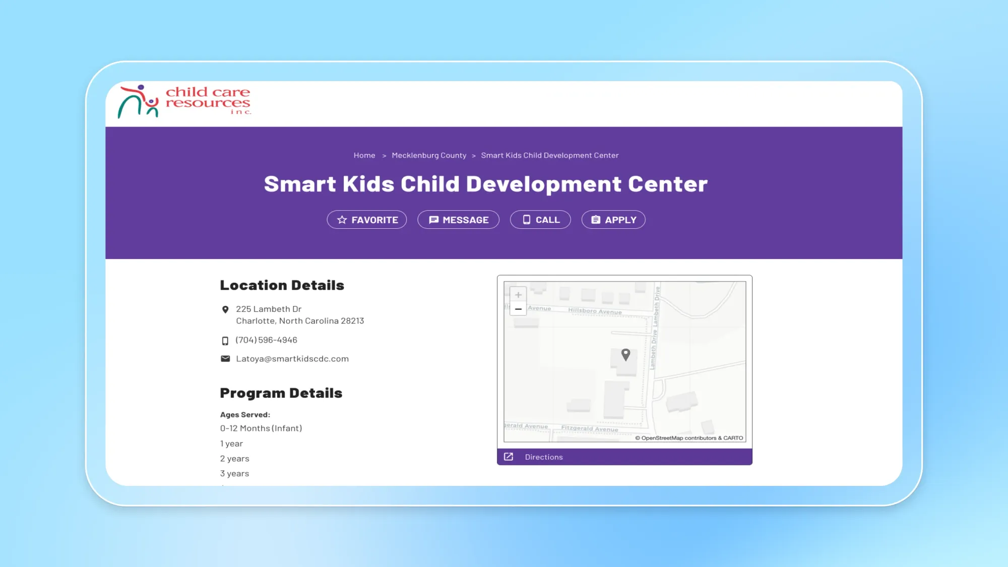 Smart Kids Child Development Center listing with location details and map, Child Care Resources Inc, Charlotte NC address and contact info