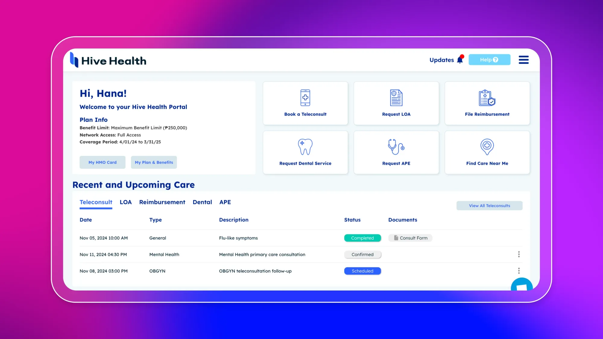 Hive Health portal dashboard showing plan info, buttons for teleconsult, LOA, reimbursement, dental, APE, and recent care status table