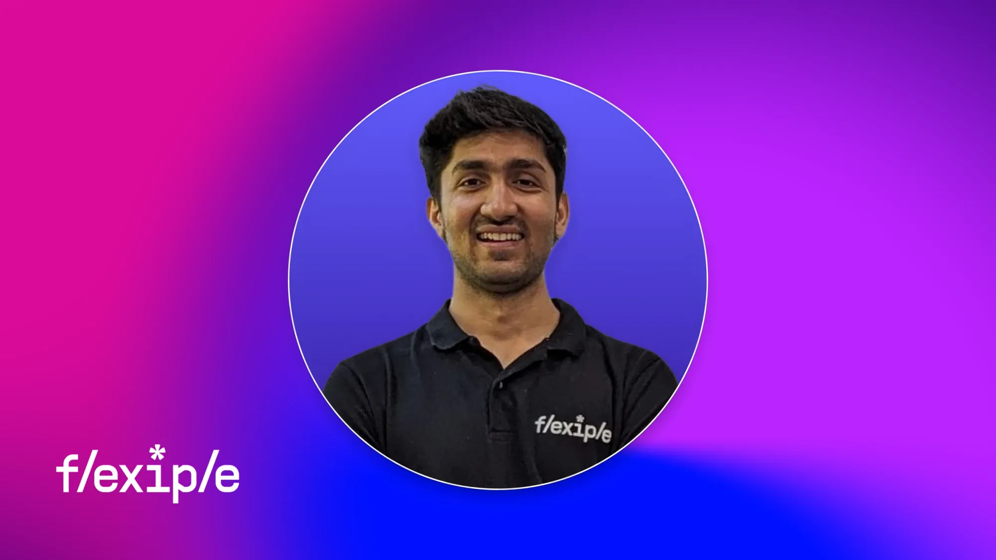 Smiling man in black flexiple polo shirt, circular headshot on purple-blue gradient background with flexiple logo text