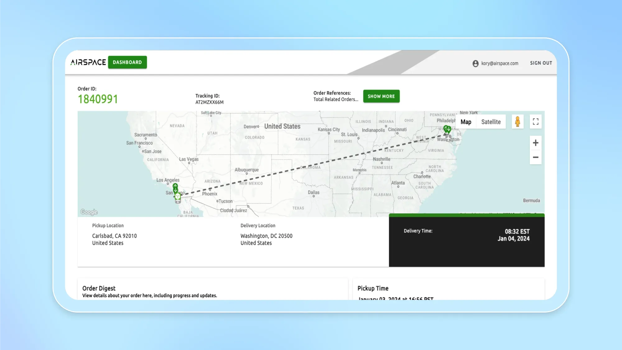 Airspace dashboard shipment tracking map from Carlsbad, CA 92010 to Washington, DC 20500 with order ID 1840991 and delivery time Jan 04, 2024 08:32 EST