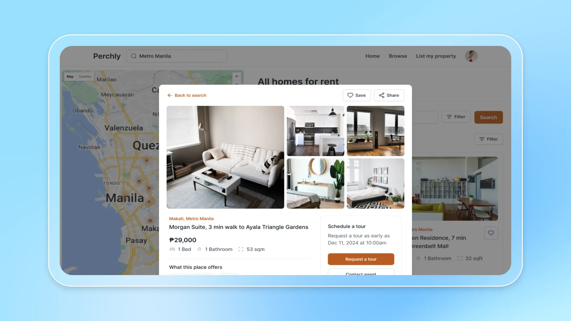 Perchly rental listing page with apartment photos and details for Morgan Suite in Makati, Metro Manila, ₱29,000, with request a tour button