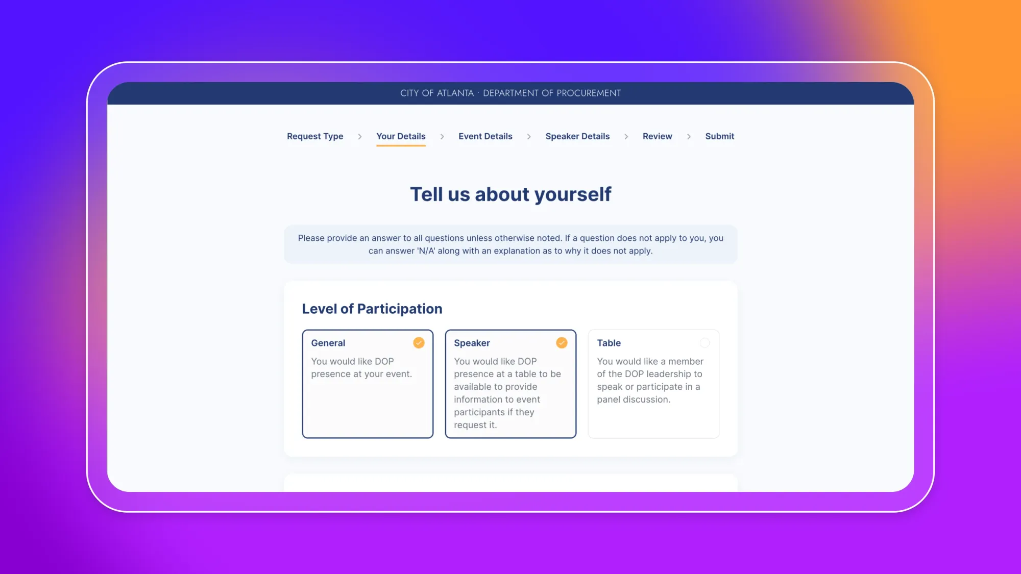 City of Atlanta Department of Procurement form page saying Tell us about yourself with Level of Participation options General, Speaker, Table