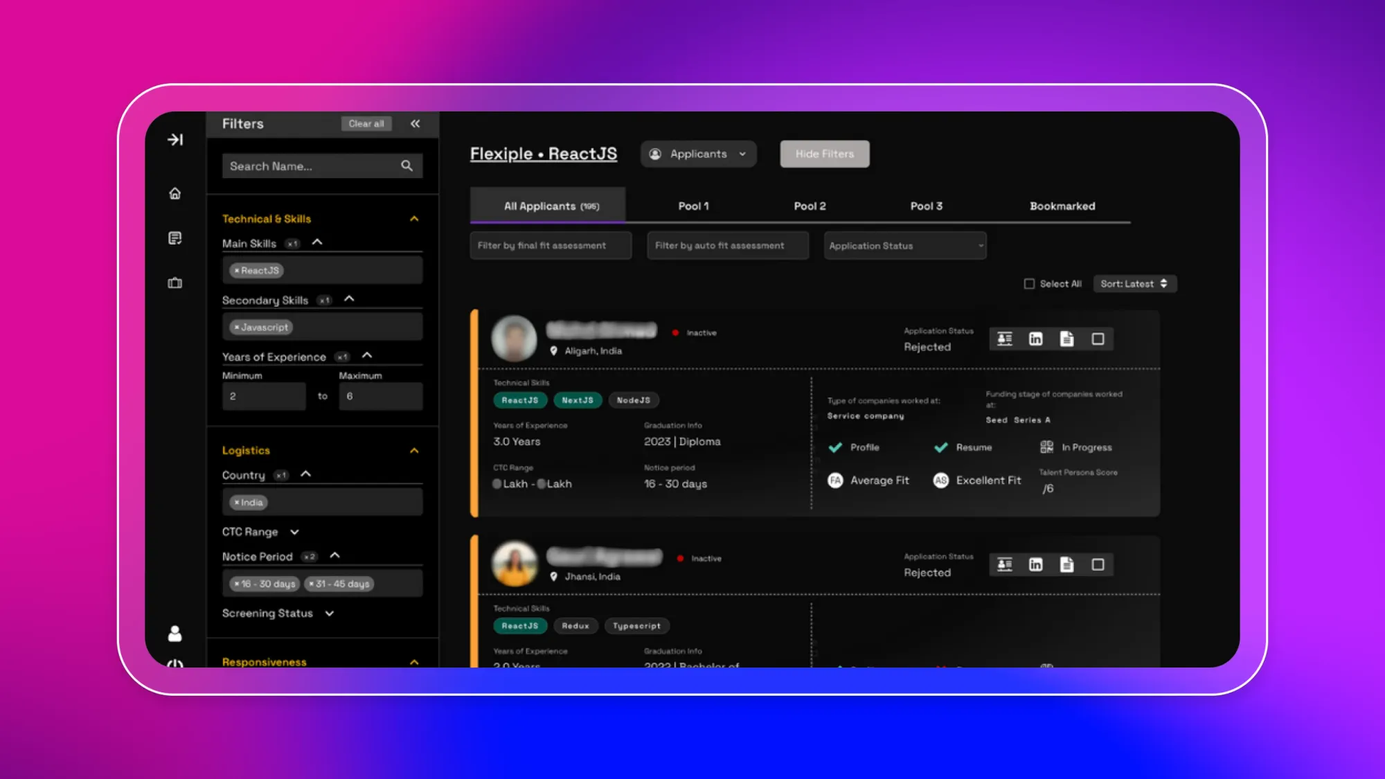 Flexible ReactJS applicant tracking dashboard with filters sidebar and candidate cards showing skills, location in India, and status Rejected