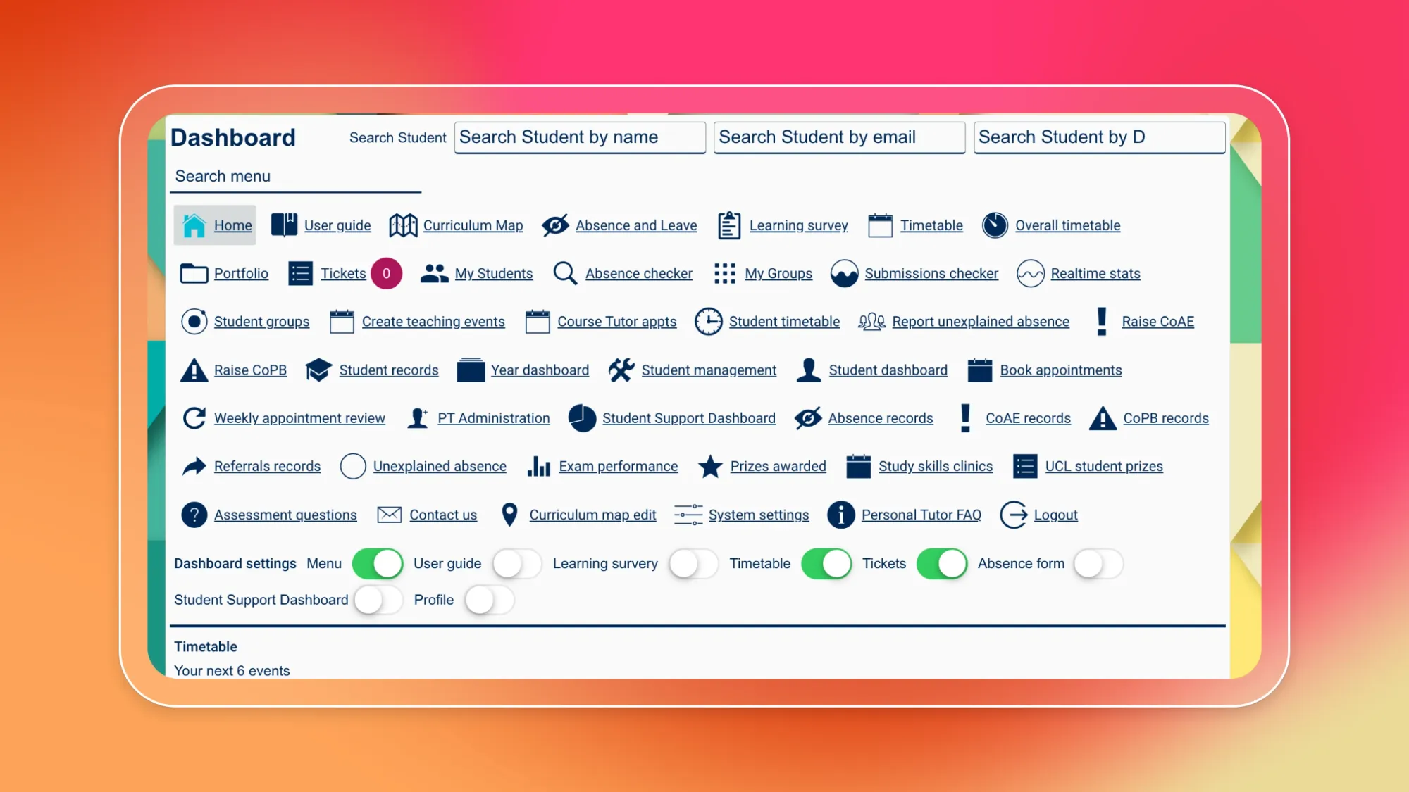 Student management dashboard interface with search fields and menu icons for attendance, timetable, student records, groups, tickets and reports