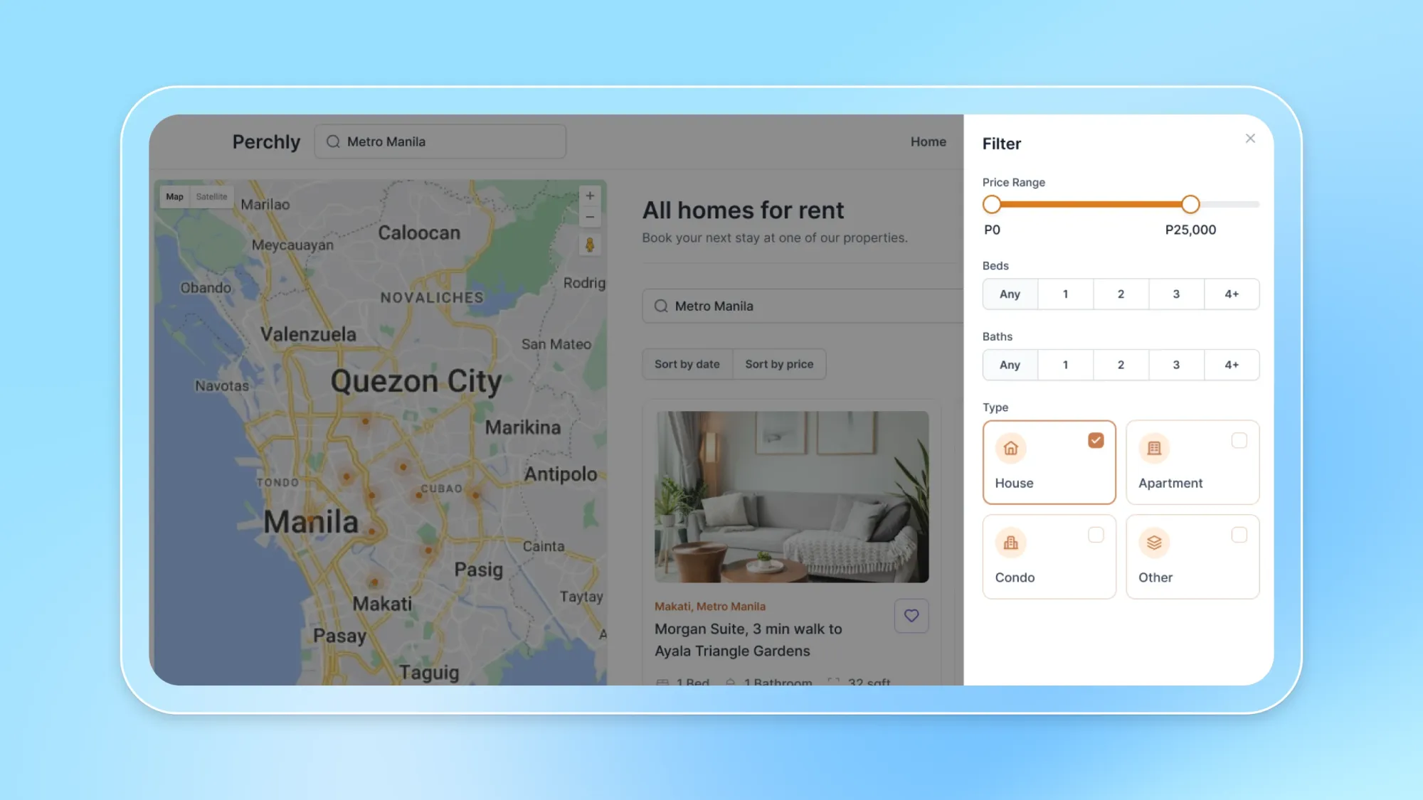 Perchly rental homes search in Metro Manila with map and filter panel for price range, beds, baths, and property type House selected