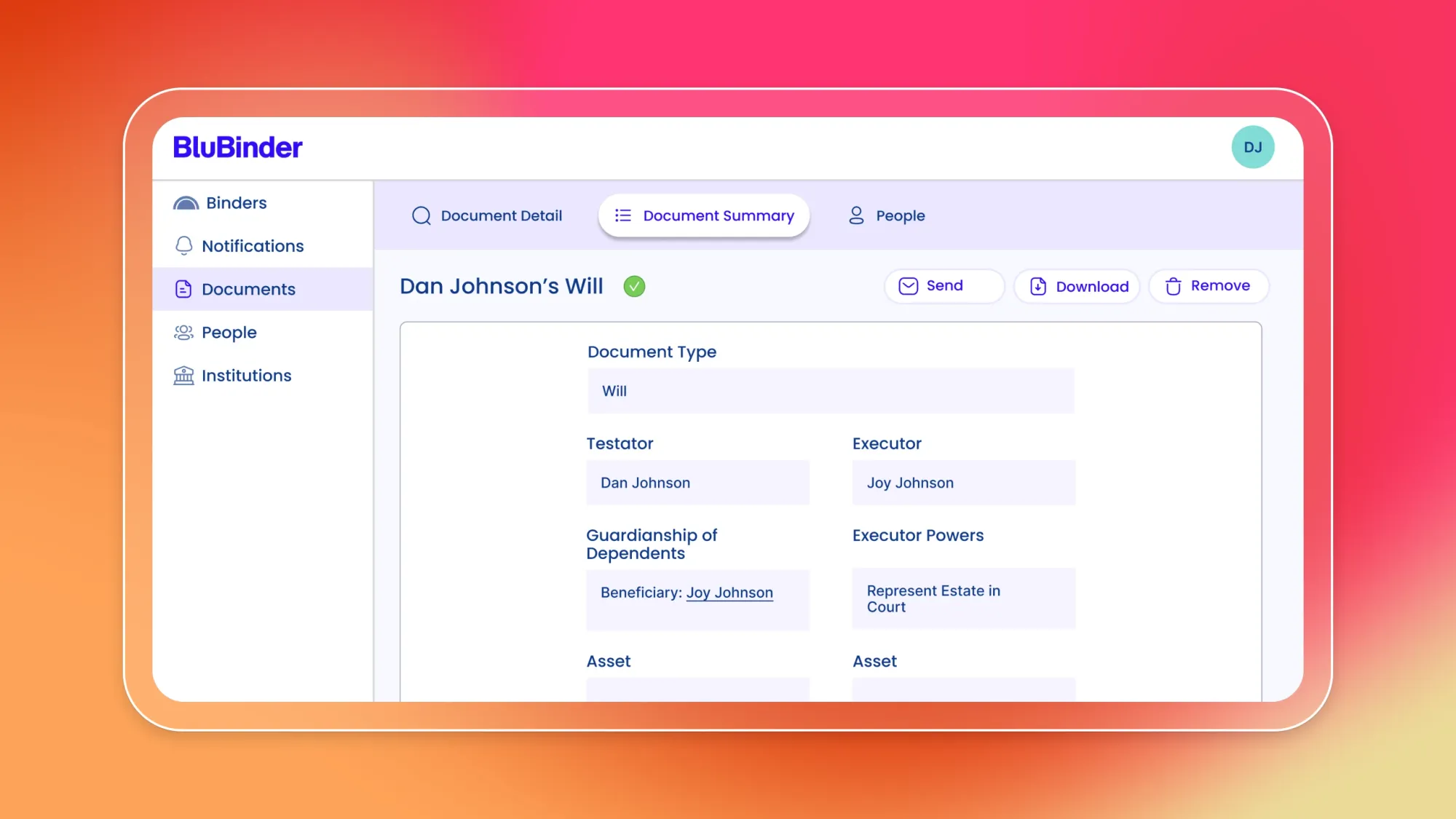 BluBinder app dashboard showing document summary for Dan Johnson’s Will with executor details and Send, Download, Remove buttons