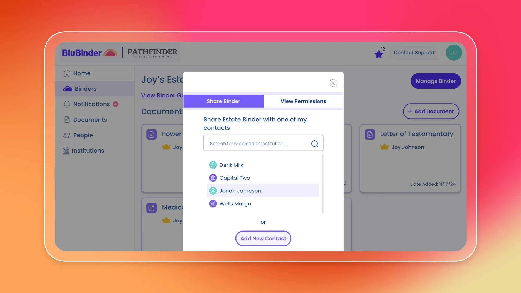 BluBinder Pathfinder app showing Share Binder pop-up to share an estate document binder with contacts and view permissions