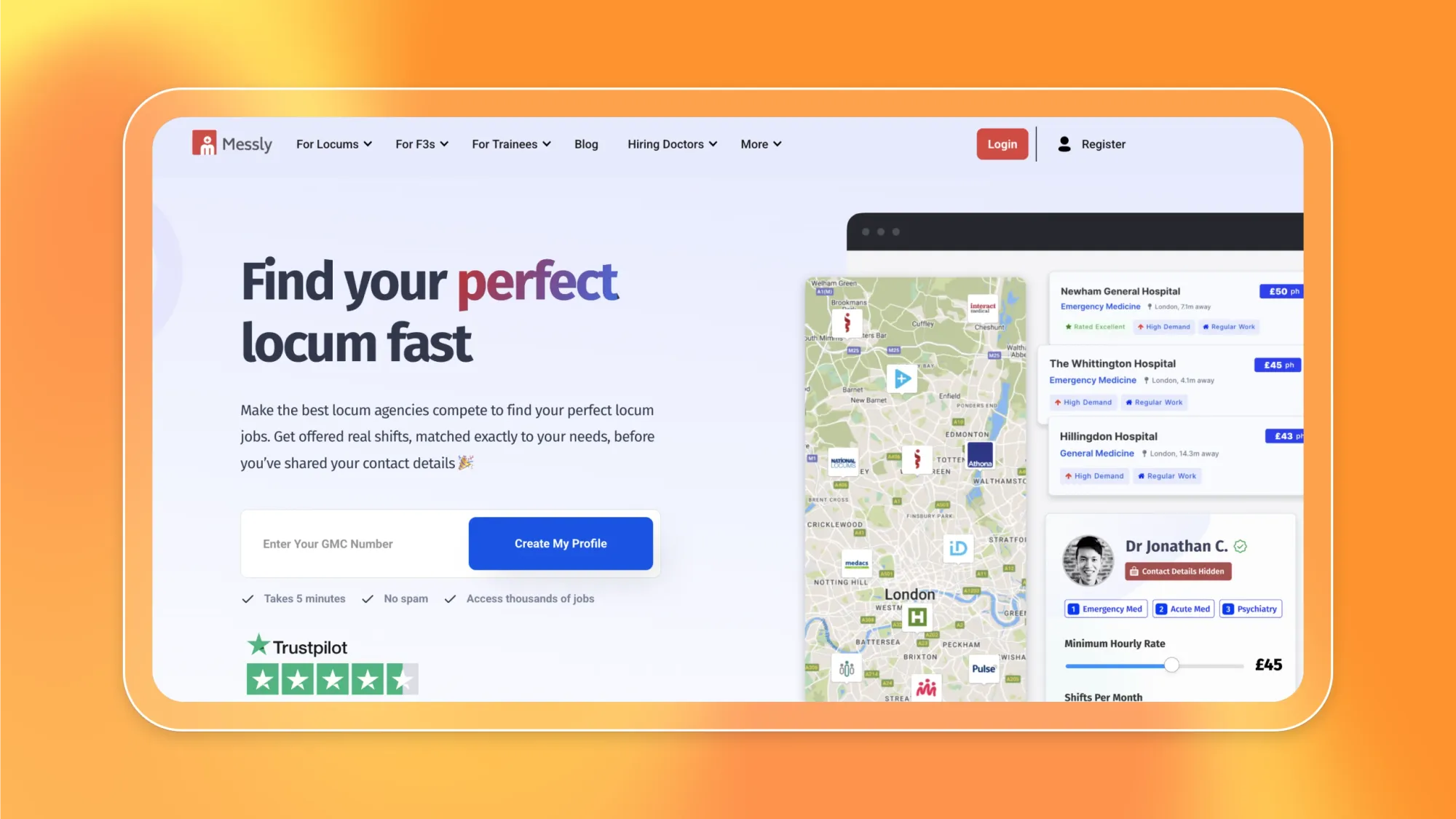 Messly website hero with text Find your perfect locum fast, map of London and locum doctor job listings with hourly rates
