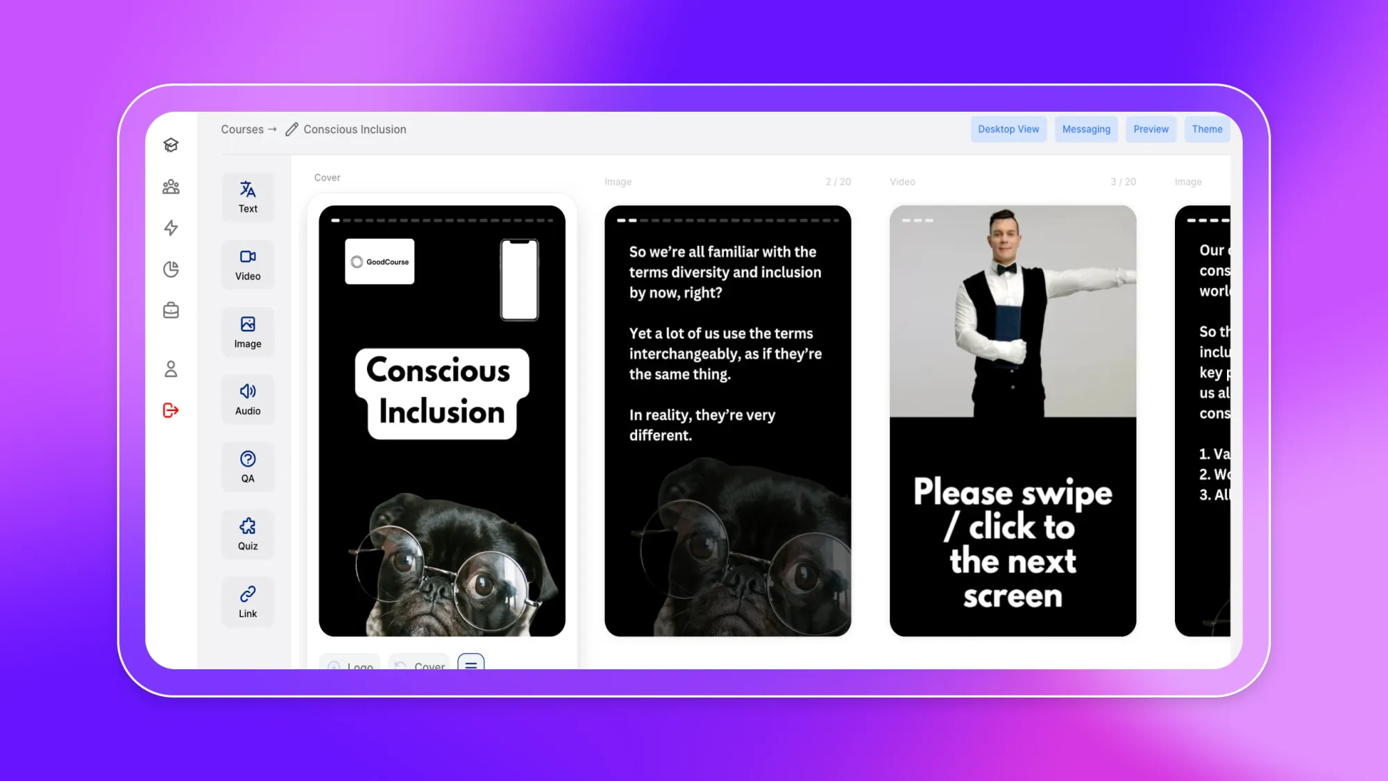 Screenshots of different pages in an course