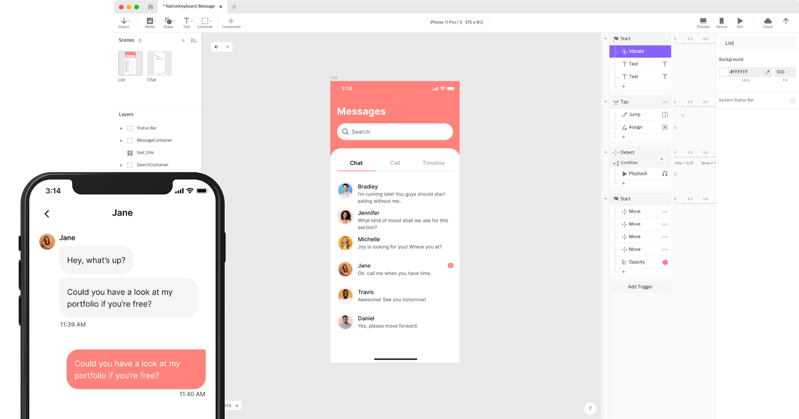 A message app mockup overlaid on ProtoPie's editor.
