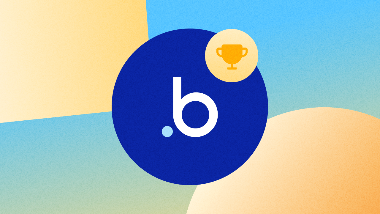 Bubble’s “B” in the center of a blue circle with a trophy icon overlaid on top. The background is a blue and yellow quadrant.