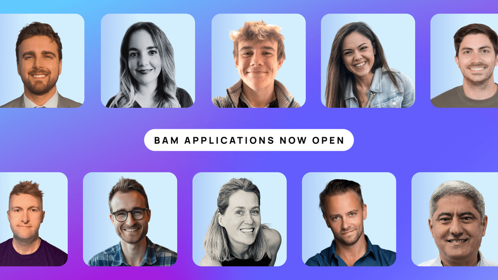 Headshots of previous Bubble Ambassadors surrounding text that reads "BAM applications now open"