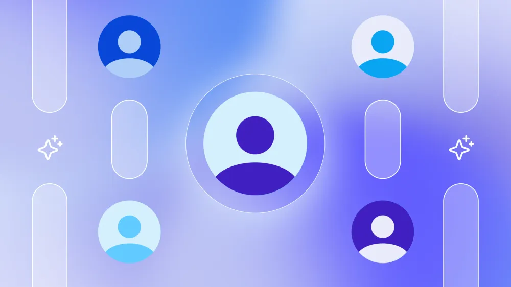 User icons with downward rows of pills and AI sparkle icons on a blue and purple gradient.