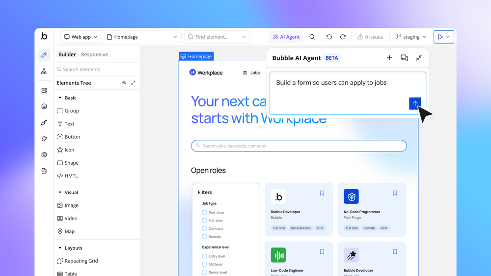 Prompting the Bubble AI Agent to build a form on a web app