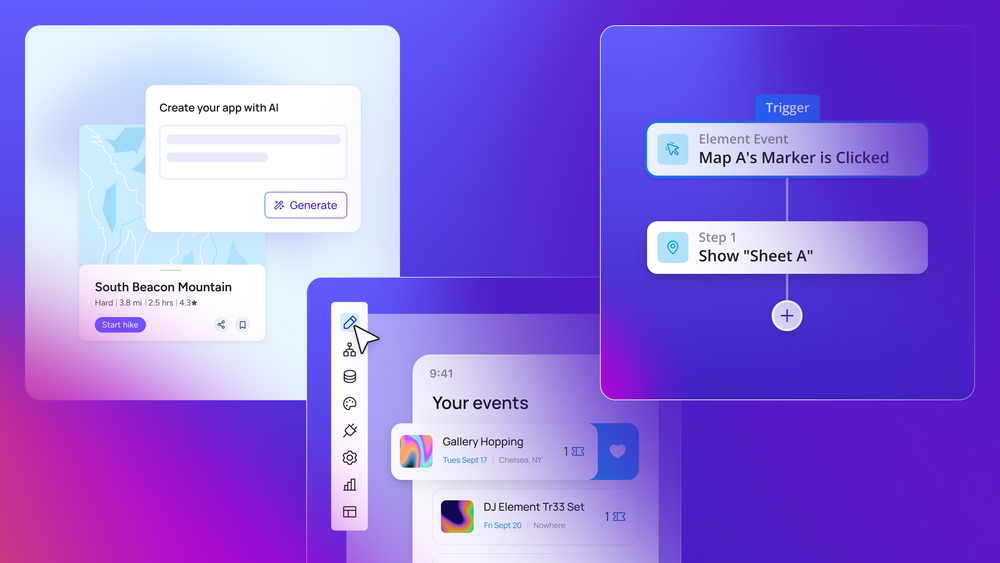 Different designs of Bubble's UI on a background. 
