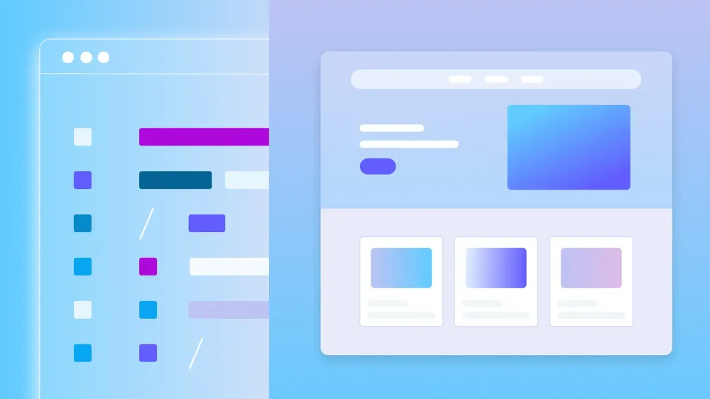 Abstract UI design with code editor panel and web page layout mockup, representing front-end web development and website design