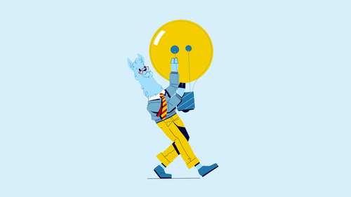 An illustration of a dapperly dressed llama carrying a giant light bulb.