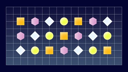 Random geometric shapes on a grid. Colors yellow, purple, white.