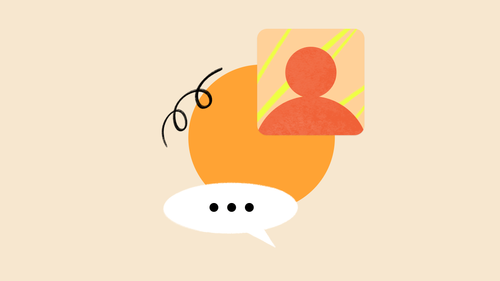 Shapes on a solid background, including a speech bubble, a circle, a squiggly line, and an illustration of a person's head