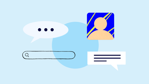 Shapes on a blue background, including a circle, speech bubble, search bar, text callout, and illustration of a person's head