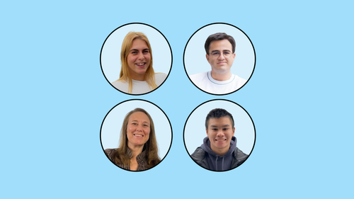 The headshots of Lorène, Emilio, Sarah, and Johnny in circles on a light blue background