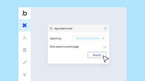 App search tool window open in the Bubble editor on a light blue background. A mouse icon hovers over the search button. 