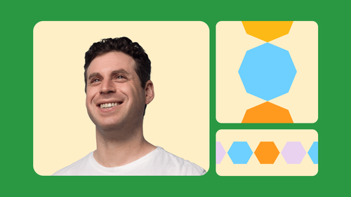 A headshot of Bubble Co-founder Josh Haas, next to two rectangles filled with geometric shapes.