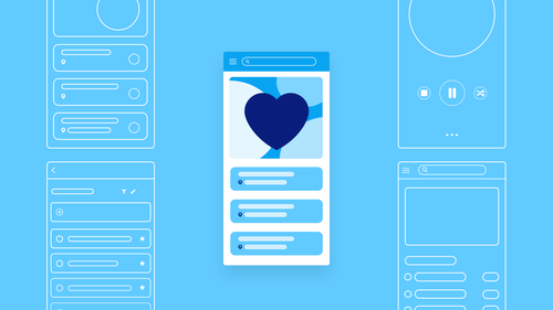 Four app wireframes on a light blue background. At the center is an app with a heart icon.