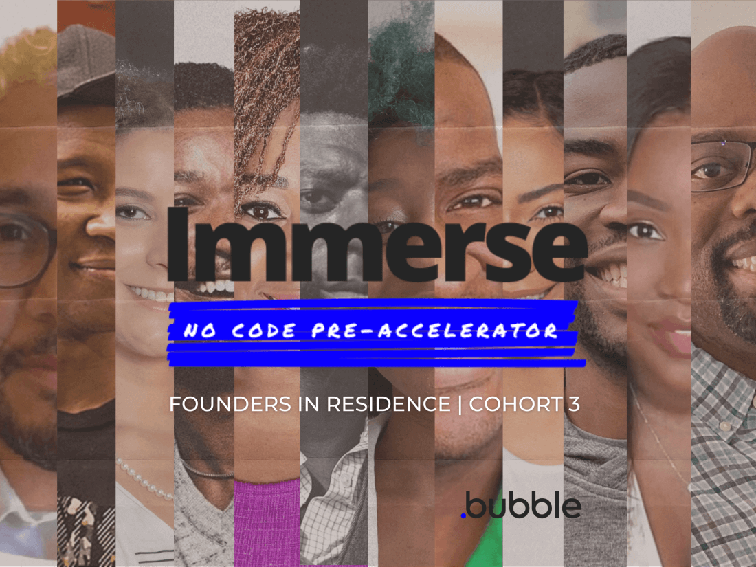 A graphic titled "Immerse: No Code Pre-Accelerator."