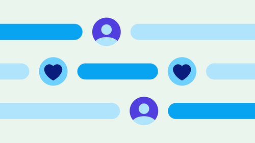 A light green background with blue and purple profile icons, blue hearts, and blue bars representing timelines.