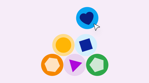 Colorful circles making a pyramid shape. At the top is a circle with a heart being selected by a cursor.