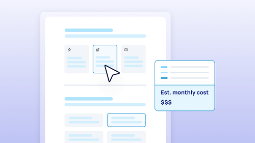 A mockup of Bubble's cost estimator showing different plans and "est. monthly cost."