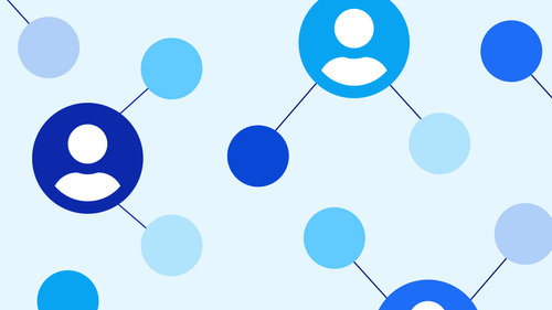 Circles with user profiles connected to other circles creating a "network.