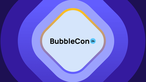 BubbleCon24 in the center of a number of rounded squares making a ripple effect